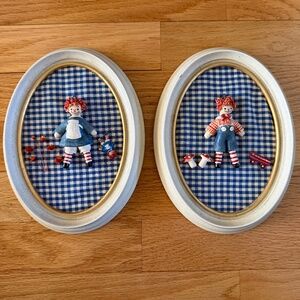 Vintage Raggedy Ann and Andy Bread Dough Art Framed Pictures
